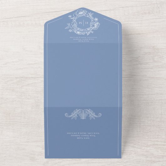 Invitation Tout En Un Elégant bleu Chinoiserie Bird Crest Mariage QR (Dehors)