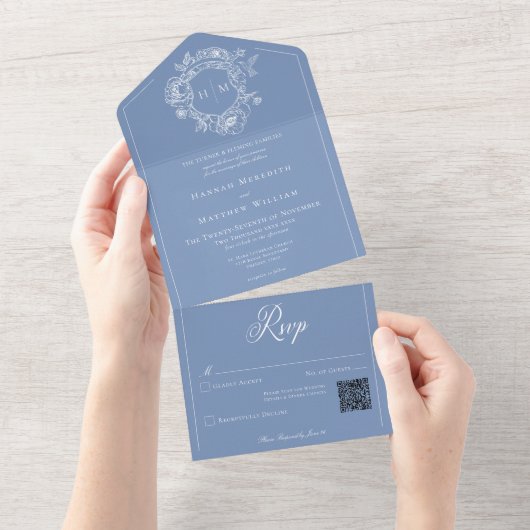 Invitation Tout En Un Elégant bleu Chinoiserie Bird Crest Mariage QR (Déchirure)