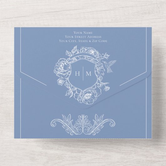 Invitation Tout En Un Elégant bleu Chinoiserie Bird Crest Mariage QR (Verso)