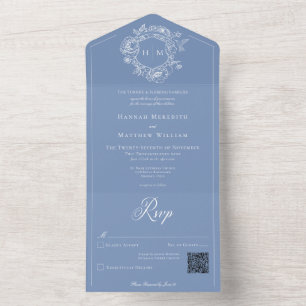 Invitation Tout En Un Elégant bleu Chinoiserie Bird Crest Mariage QR
