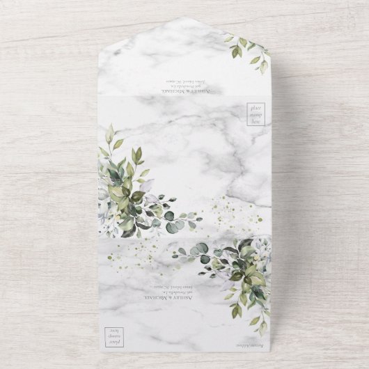 Invitation Tout En Un Elégant bleu Dusty Eucalyptus Marbre vert (Dehors)