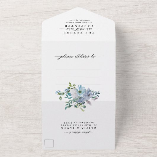 Invitation Tout En Un Elégant bleu Dusty Floral Aquarelle Mariage photo (Dehors)