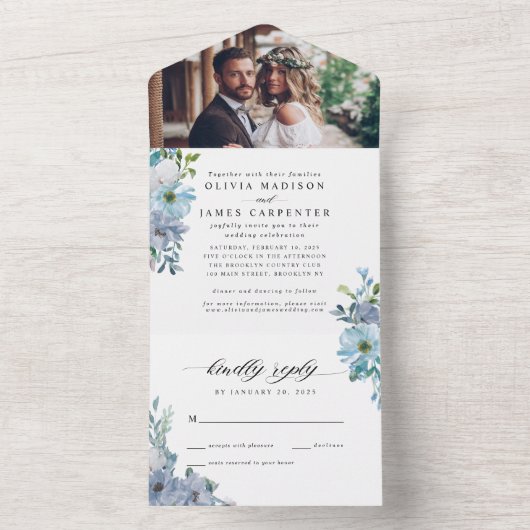 Invitation Tout En Un Elégant bleu Dusty Floral Aquarelle Mariage photo (À l'intérieur)