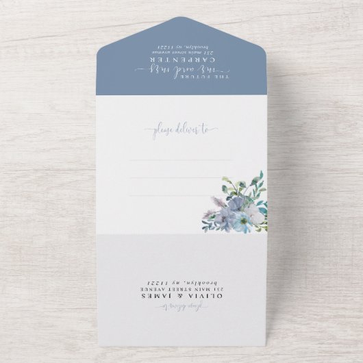 Invitation Tout En Un Elégant bleu Dusty Floral Mariage Boho (Dehors)