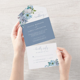 Invitation Tout En Un Elégant bleu Dusty Floral Mariage Boho