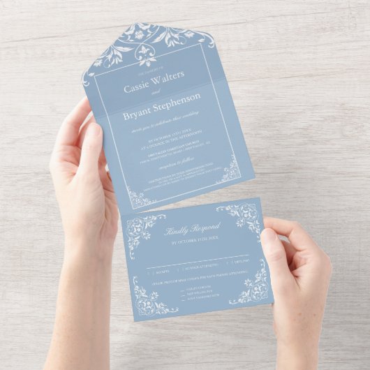 Invitation Tout En Un Elégant bleu Dusty tout en un Mariage (Déchirure)