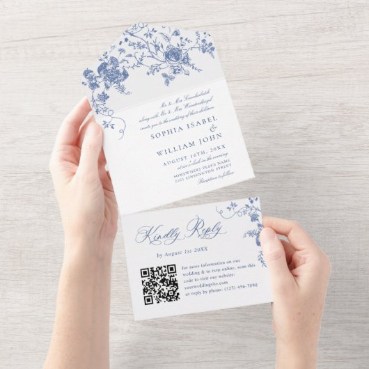 Invitation Tout En Un Elégant bleu France Garden Flowers Mariage code QR (Déchirure)