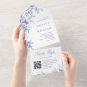 Invitation Tout En Un Elégant bleu France Garden Flowers Mariage code QR (Déchirure)