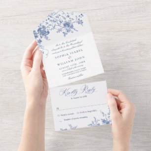 Invitation Tout En Un Elégant bleu France Mariage de fleurs de jardin