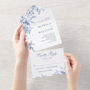 Invitation Tout En Un Elégant bleu France Mariage de fleurs de jardin