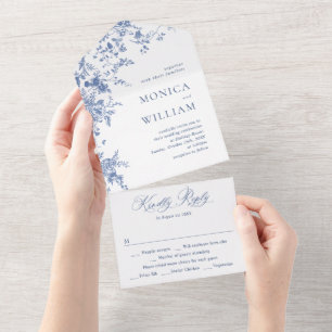 Invitation Tout En Un Elégant bleu France Mariage de fleurs de jardin