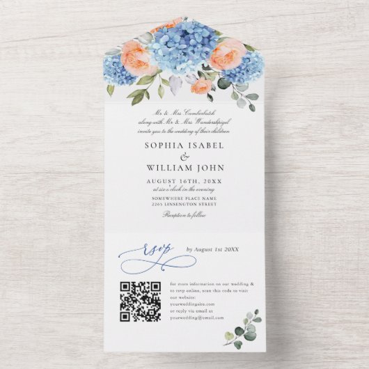 Invitation Tout En Un Élégant bleu Hydrangea rose Rose Mariage (À l'intérieur)