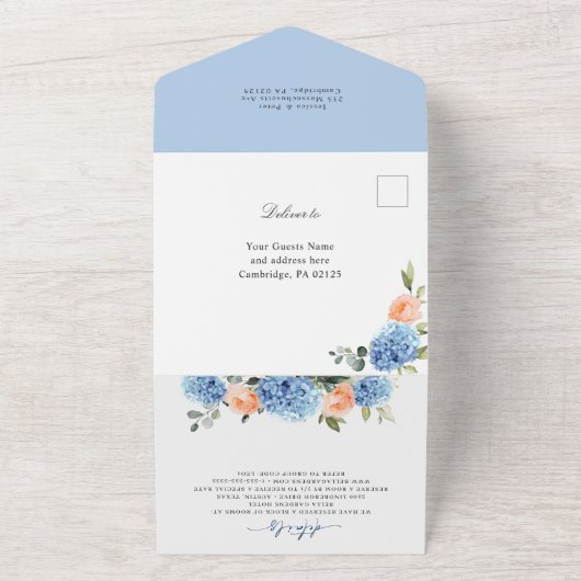 Invitation Tout En Un Élégant bleu Hydrangea rose Rose Mariage (Dehors)