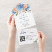 Invitation Tout En Un Élégant bleu Hydrangea rose Rose Mariage (Déchirure)