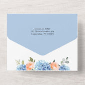Invitation Tout En Un Élégant bleu Hydrangea rose Rose Mariage (Verso)