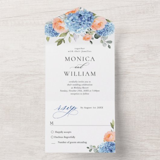 Invitation Tout En Un Élégant bleu Hydrangea rose Rose Mariage (À l'intérieur)