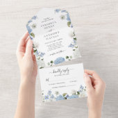 Invitation Tout En Un Elégant bleu Hydrangea Roses blanches Mariage flor (Déchirure)