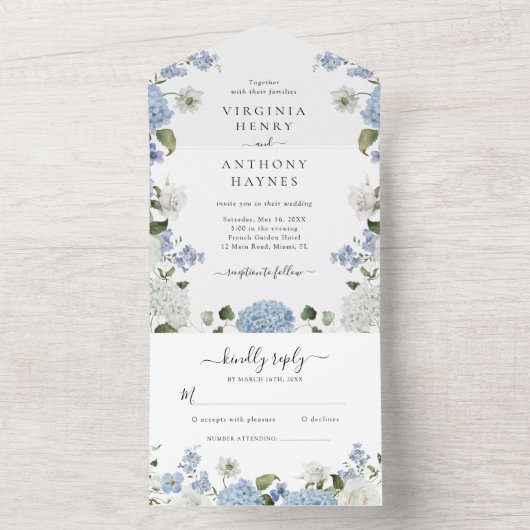Invitation Tout En Un Elégant bleu Hydrangea Roses blanches Mariage flor (À l'intérieur)