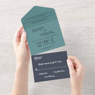 Invitation Tout En Un Elégant bleu marine Turquoise moderne chic Mariage