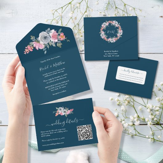 Invitation Tout En Un Elégant bleu rose Aquarelle Mariage