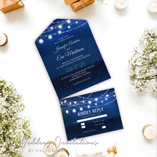 Invitation Tout En Un Élégant bleu rougeâtre bleu rousse Mariage