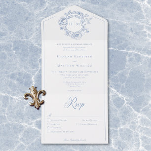Invitation Tout En Un Elégant Blue Chinoiserie Bird Crest Mariage Dîner