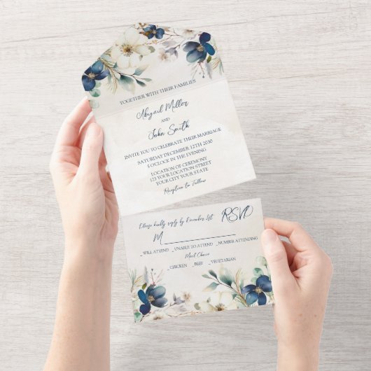 Invitation Tout En Un Elegant Blue Floral Winter Wedding (Déchirure)