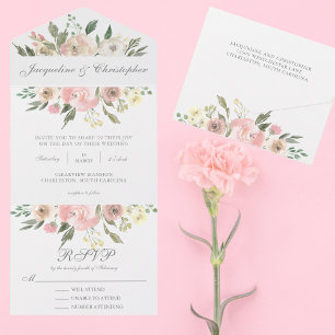 Invitation Tout En Un Elégant Blush rose Floral Printemps Jardin Mariage