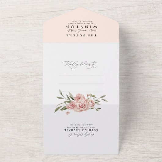 Invitation Tout En Un Élégant Blush rose Rose Mariage botanique (Dehors)