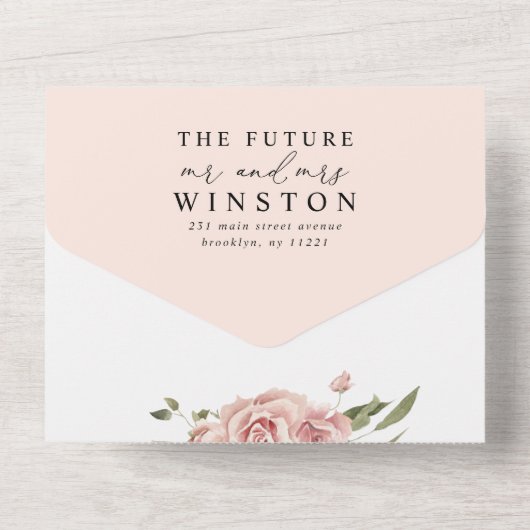 Invitation Tout En Un Élégant Blush rose Rose Mariage botanique (Verso)