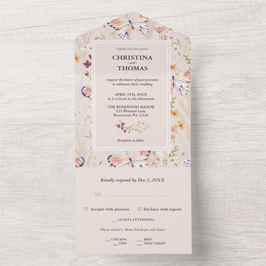 Invitation Tout En Un Elegant Boho Fleur sauvage Mariage (À l'intérieur)