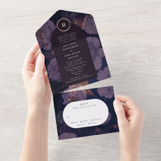 Invitation Tout En Un Elégant Boho Floral Arch Rose or violet Mariage (Déchirure)