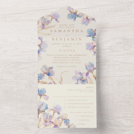 Invitation Tout En Un Elégant Boho Iris Mariage Tout en un (À l'intérieur)