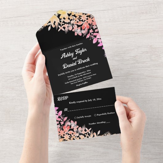 Invitation Tout En Un Elégant Boho Lumineux Rose Black Floral Mariage (Déchirure)