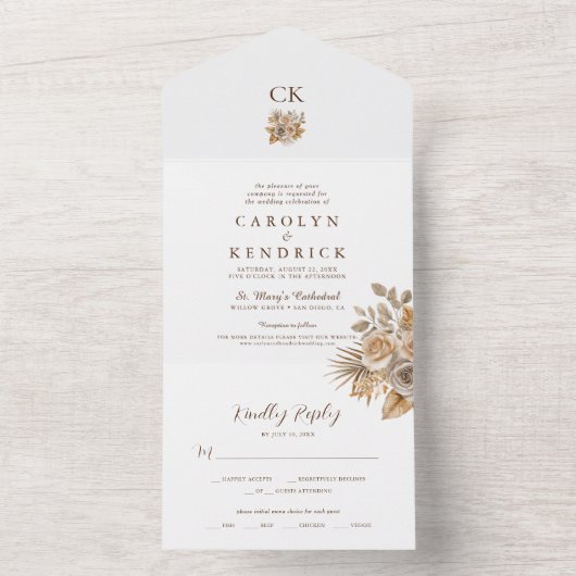 Invitation Tout En Un Elégant Boho Neutral Flore Accents Mariage (À l'intérieur)