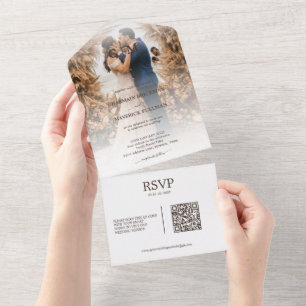 Invitation Tout En Un Elegant Boho Photo Couple Mariage en terre cuite