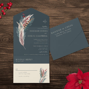 Invitation Tout En Un Elégant Boho Rustique Pampas & Pine Vert Tan Rouge