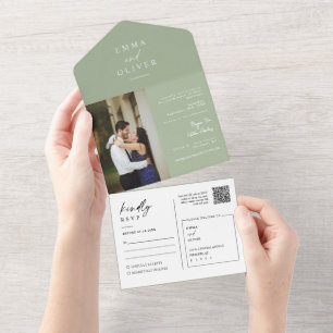 Invitation Tout En Un Élégant Boho vert Dusty moderne QR Code photo RSVP