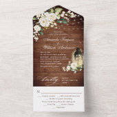 Invitation Tout En Un Élégant bois rustique Mariage Roses blanches (À l'intérieur)