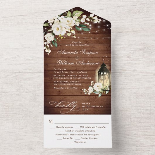 Invitation Tout En Un Élégant bois rustique Mariage Roses blanches (À l'intérieur)
