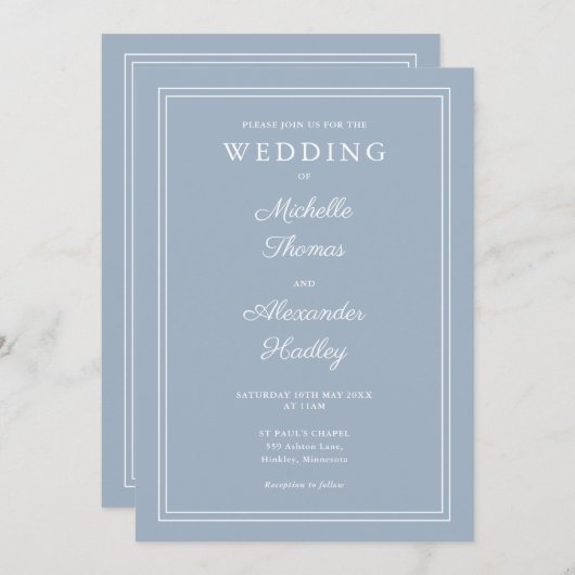 Invitation Tout en un Elégant Bordure Dusty Mariage bleu (Devant / Derrière)