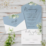 Invitation Tout En Un Elégant Botanique Verdure Dusty Blue Mariage<br><div class="desc">Le tout dans un faire-part de mariage avec des feuilles botaniques et rustiques et une typographie élégante. L'invitation comprend une carte RSVP perforée qui peut être adressée individuellement ou laissée en blanc pour que vous puissiez écrire à la main les coordonnées de votre invité. Conçu par Thisisnotme©</div>