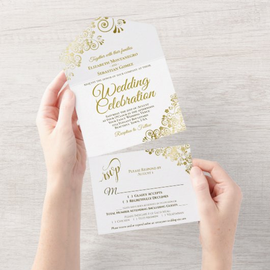 Invitation Tout En Un Elégant boucles d'or et perles sur Mariage blanc (Déchirure)