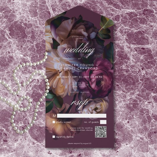 Invitation Tout En Un Elegant Burgundy Moody Floral Wedding QR Code