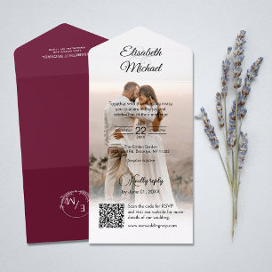 Invitation Tout En Un Elegant Burgundy QR Code Mariage photo