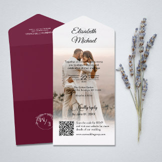 Invitation Tout En Un Elegant Burgundy QR Code Mariage photo