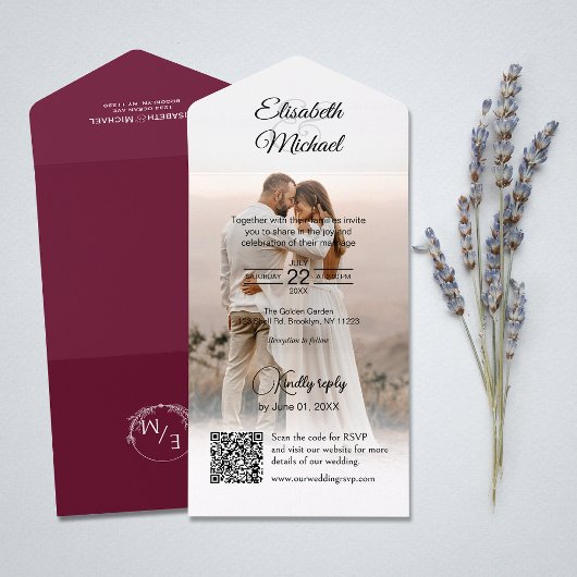 Invitation Tout En Un Elegant Burgundy QR Code Mariage photo
