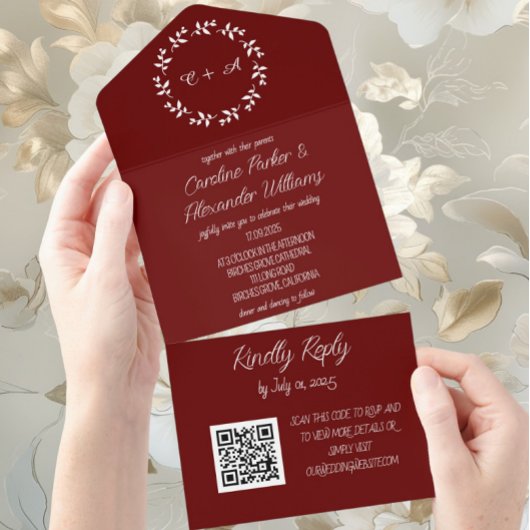 Invitation Tout En Un Élégant Burgundy Script moderne RSVP QR Code