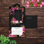 Invitation Tout En Un Elégant Cadre Floral Rose Bourgogne Noir<br><div class="desc">Eléments : Aménagements floraux vibrants entourant un cadre noir. Polices serif élégantes avec des plumes de script. Couleurs : noir, bordeaux, rougissant, rose, prune, canneberge, vert, orange. Thèmes : élégant, boho, bothanique, bohème, romantique, sombre, moody, luxuriant, jardin, hiver, automne, romantique. Collection : Elégante collection de Mariages à cadre floral rose...</div>