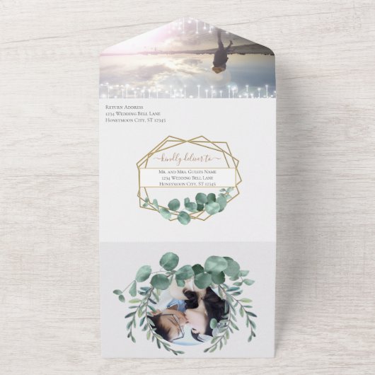 Invitation Tout En Un Elégant cadre or Eucalyptus Menu Choice Mariage (Dehors)